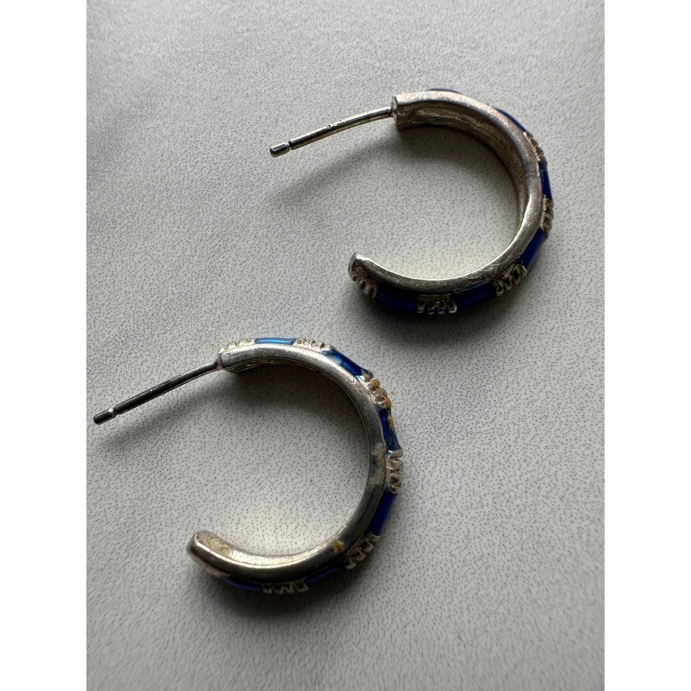 Sterling Silver 925 Cobalt Blue Enamel Ribbed Hoop Earrings J-Hoop Post Backs